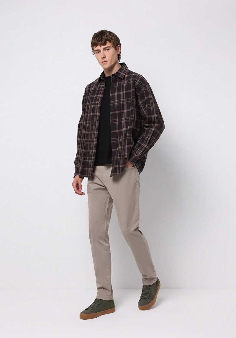 Comfort Fit Shirt Neck Ekoseli Erkek Kahverengi Uzun Kol Gömlek