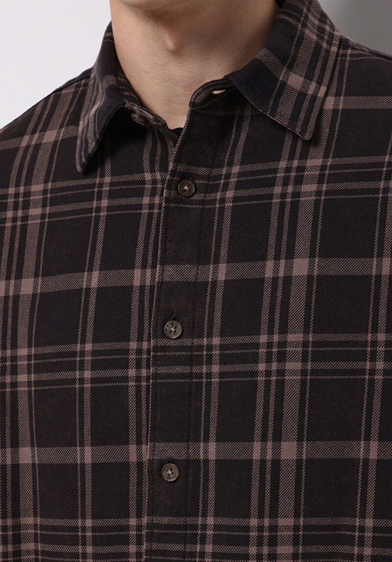 Comfort Fit Shirt Neck Ekoseli Erkek Kahverengi Uzun Kol Gömlek