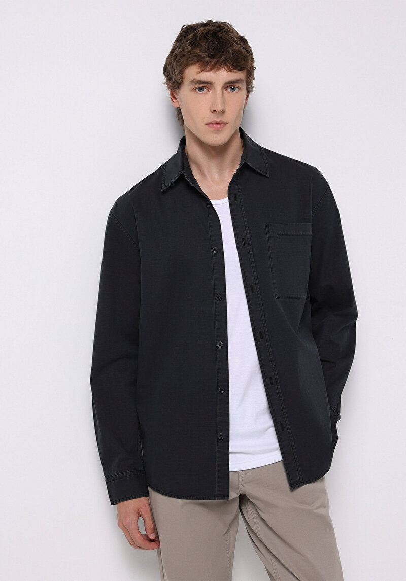 Comfort Fit Shirt Neck Düz Erkek Siyah Uzun Kol Gömlek