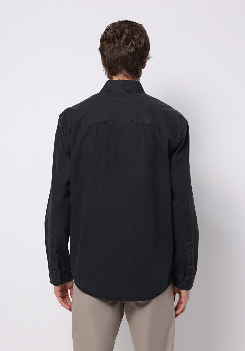 Comfort Fit Shirt Neck Düz Erkek Siyah Uzun Kol Gömlek