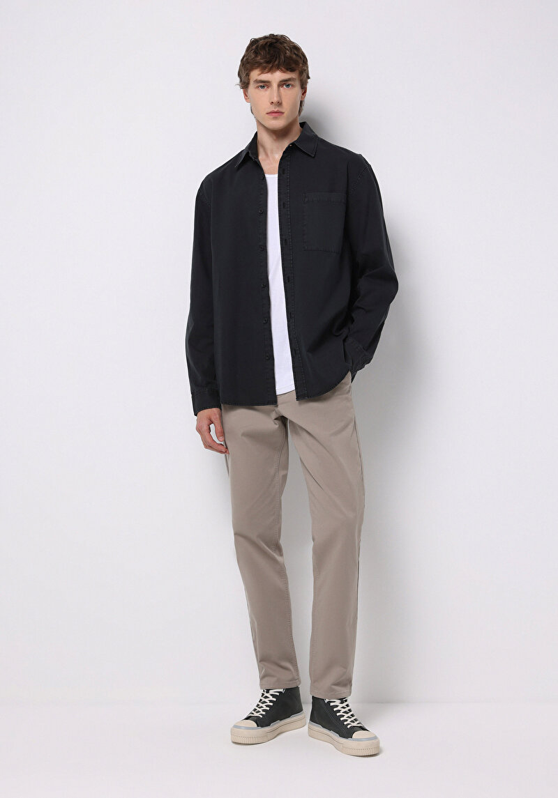 Comfort Fit Shirt Neck Düz Erkek Siyah Uzun Kol Gömlek