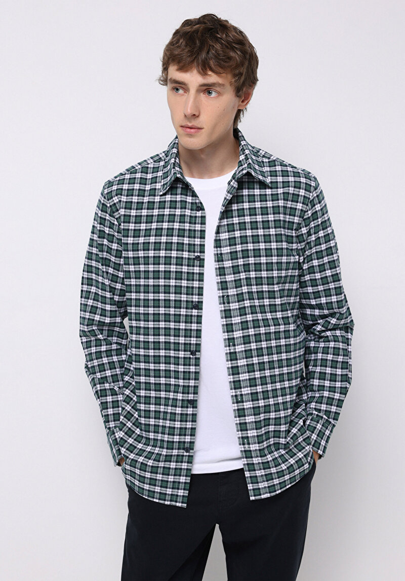 Regular Fit Shirt Neck Ekoseli Erkek Yeşil Uzun Kol Gömlek