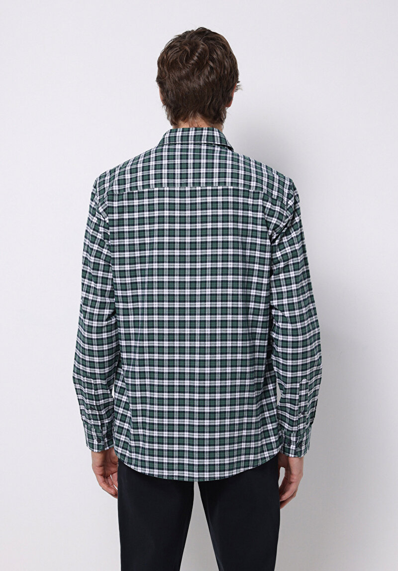 Regular Fit Shirt Neck Ekoseli Erkek Yeşil Uzun Kol Gömlek