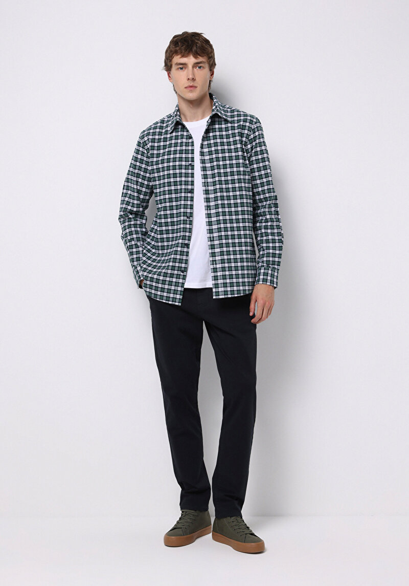 Regular Fit Shirt Neck Ekoseli Erkek Yeşil Uzun Kol Gömlek