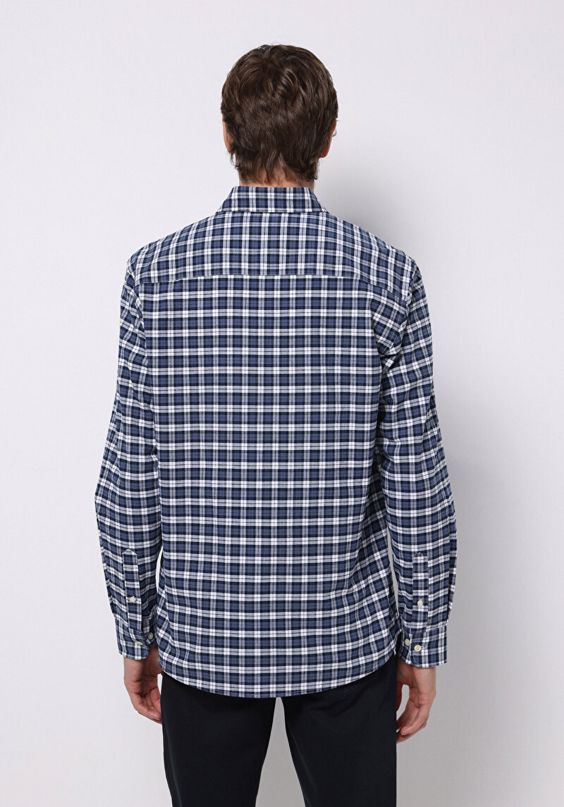 Regular Fit Shirt Neck Ekoseli Erkek Lacivert Uzun Kol Gömlek