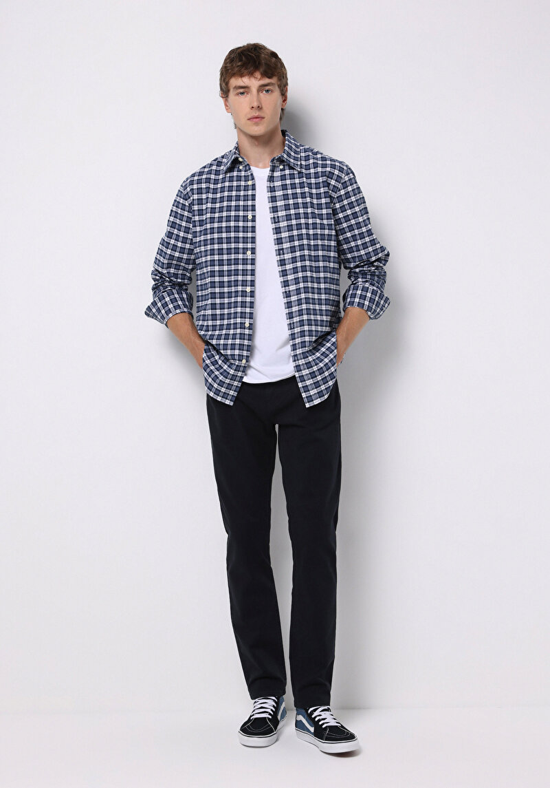 Regular Fit Shirt Neck Ekoseli Erkek Lacivert Uzun Kol Gömlek
