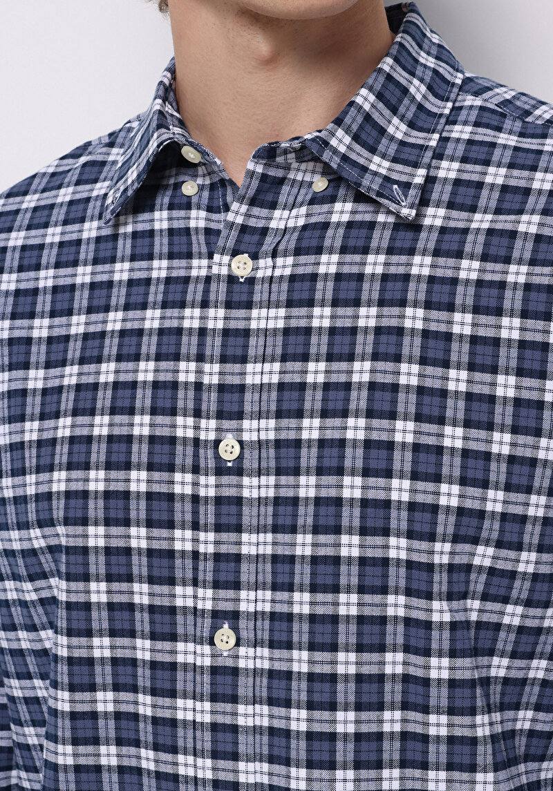 Regular Fit Shirt Neck Ekoseli Erkek Lacivert Uzun Kol Gömlek