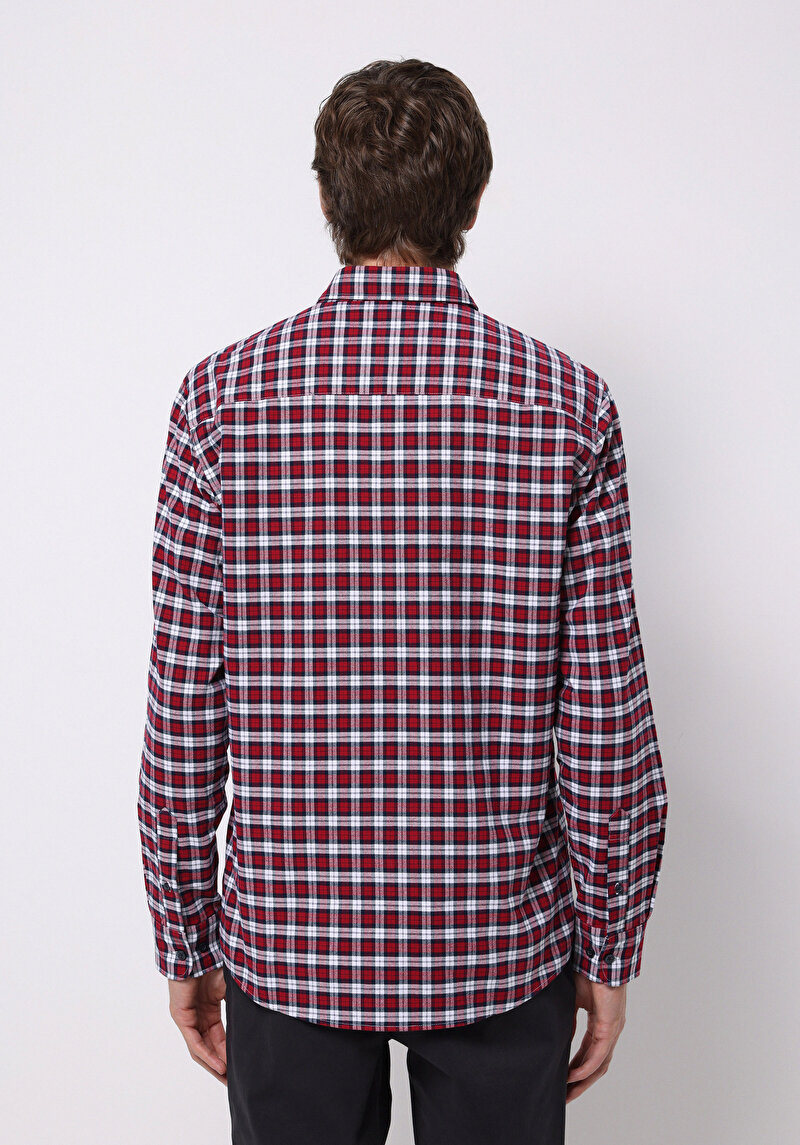 Regular Fit Shirt Neck Ekoseli Erkek Kirmizi Uzun Kol Gömlek