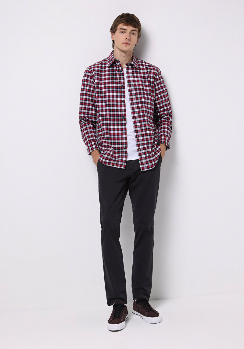 Regular Fit Shirt Neck Ekoseli Erkek Kirmizi Uzun Kol Gömlek