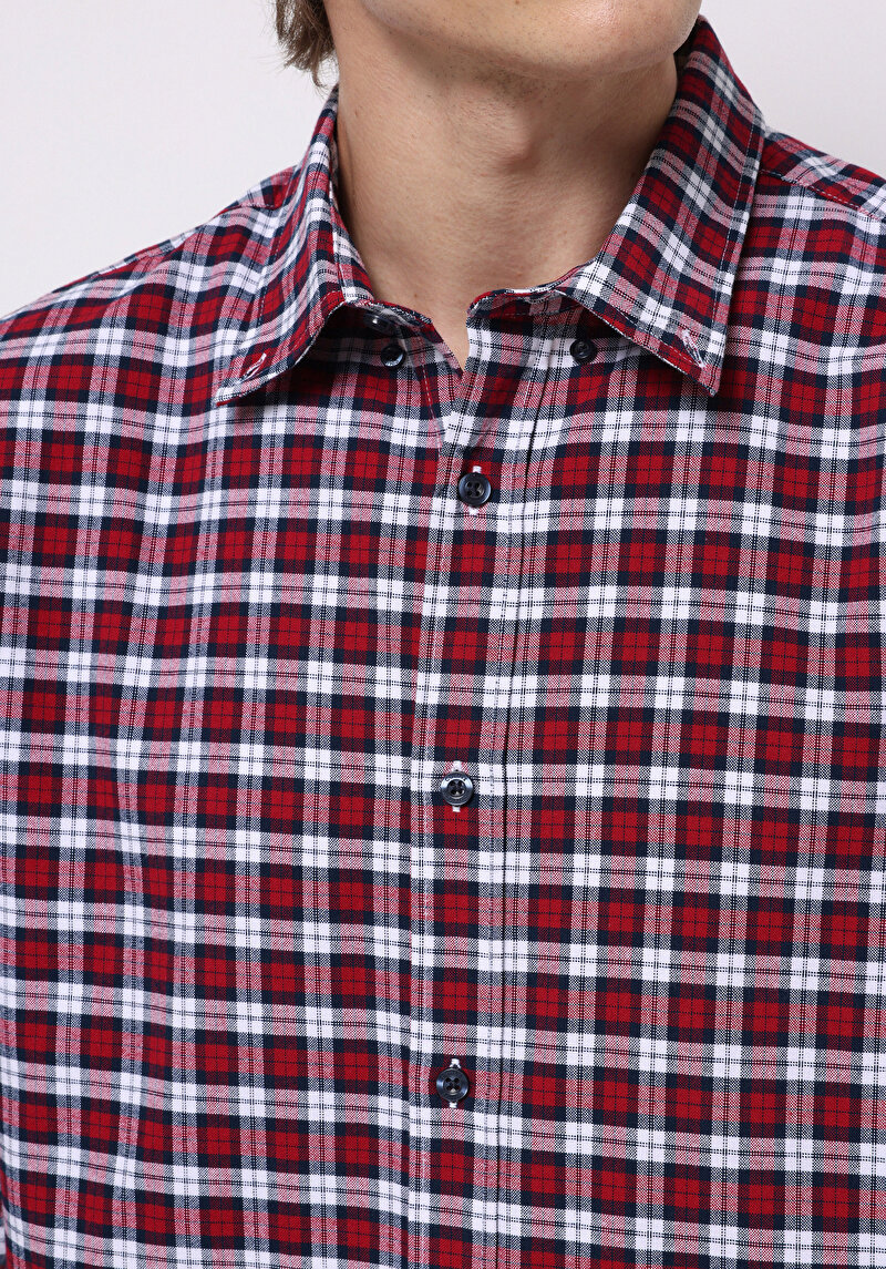 Regular Fit Shirt Neck Ekoseli Erkek Kirmizi Uzun Kol Gömlek