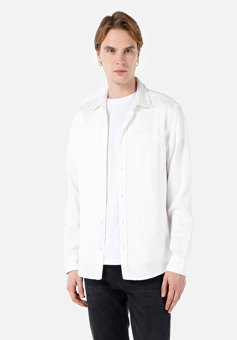 Regular Fit Shirt Neck Düz Erkek Beyaz Uzun Kol Gömlek