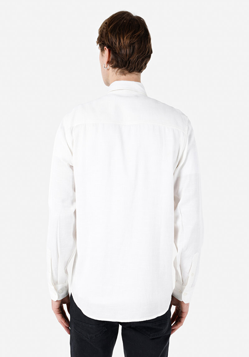 Regular Fit Shirt Neck Düz Erkek Beyaz Uzun Kol Gömlek