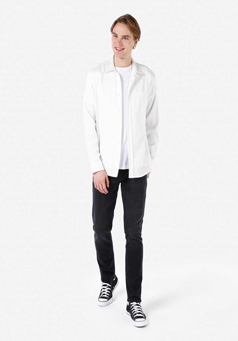 Regular Fit Shirt Neck Düz Erkek Beyaz Uzun Kol Gömlek