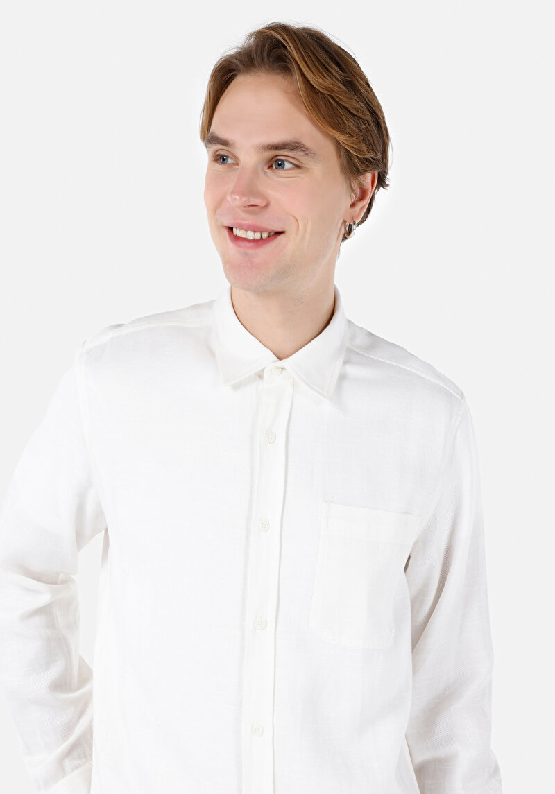 Regular Fit Shirt Neck Düz Erkek Beyaz Uzun Kol Gömlek