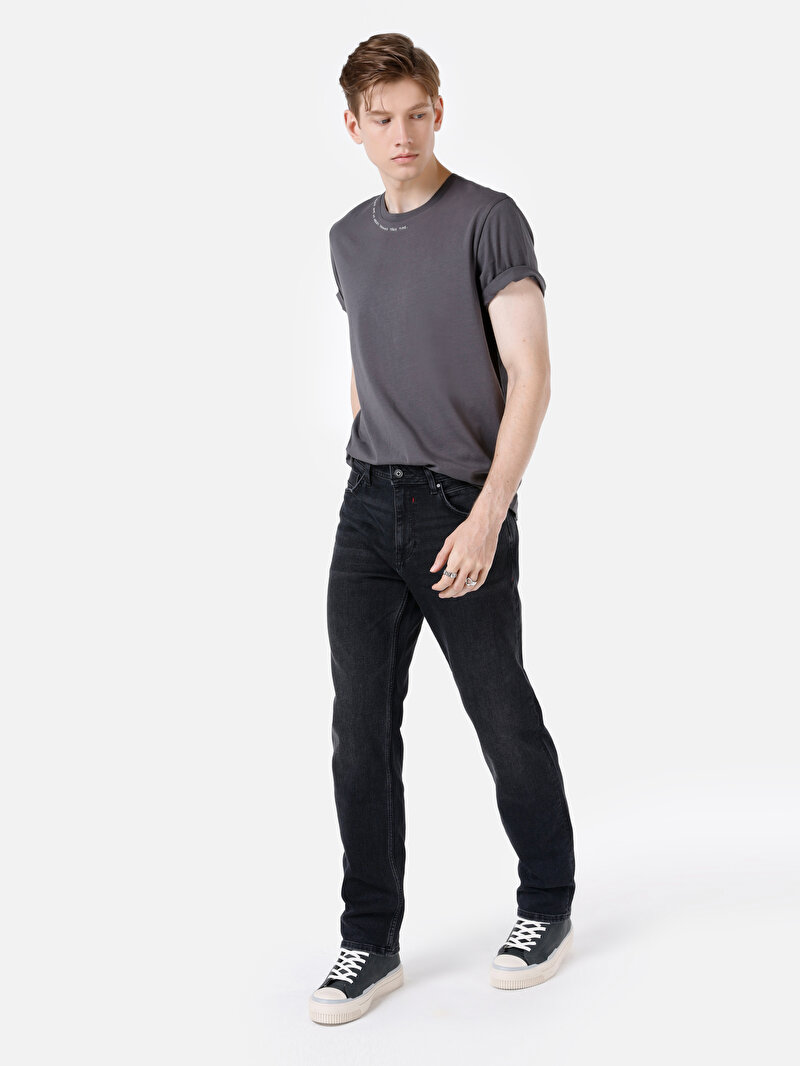 Regular Fit Orta Bel Düz Paça Erkek Siyah Jean Pantolon