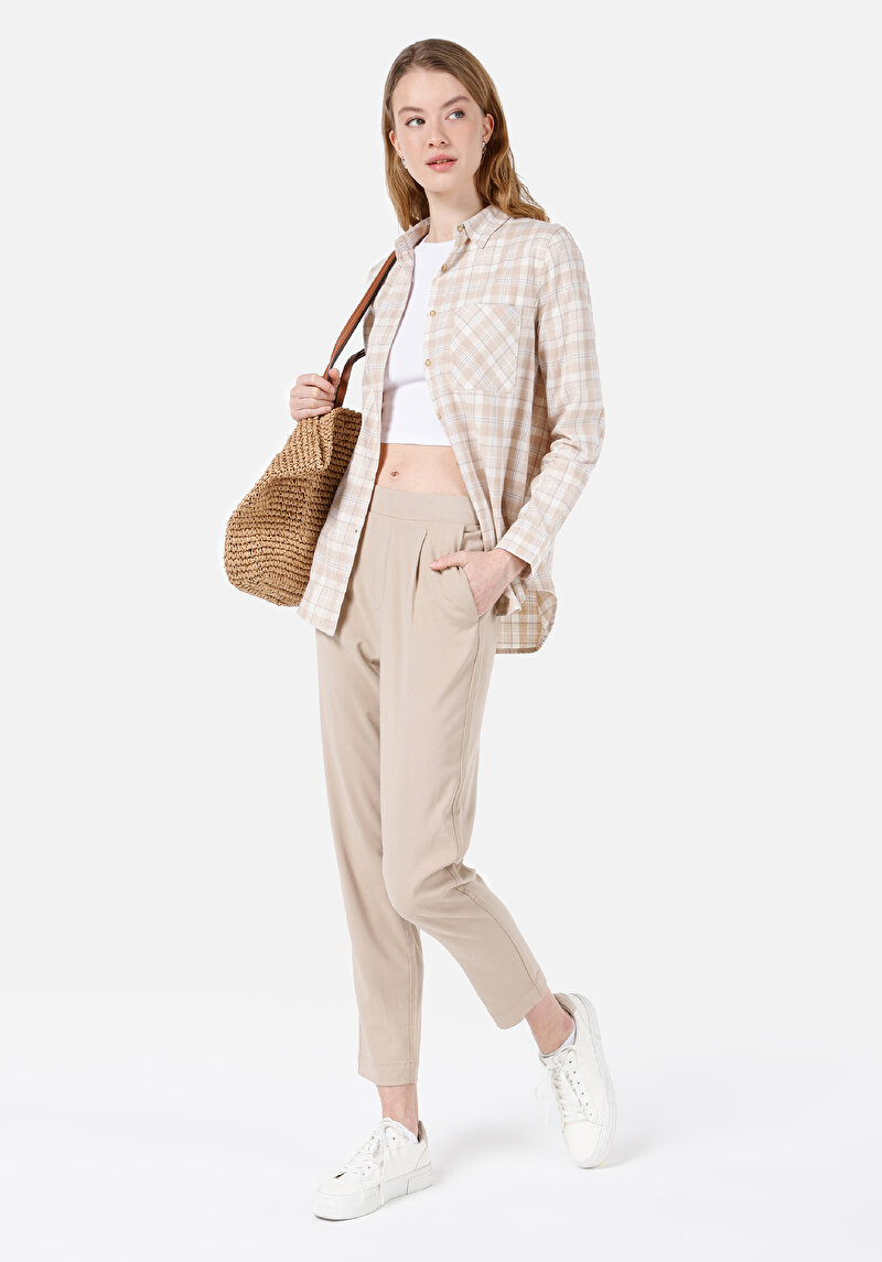 Regular Fit Yüksek Bel Düz Paça Kadın Bej Pantolon