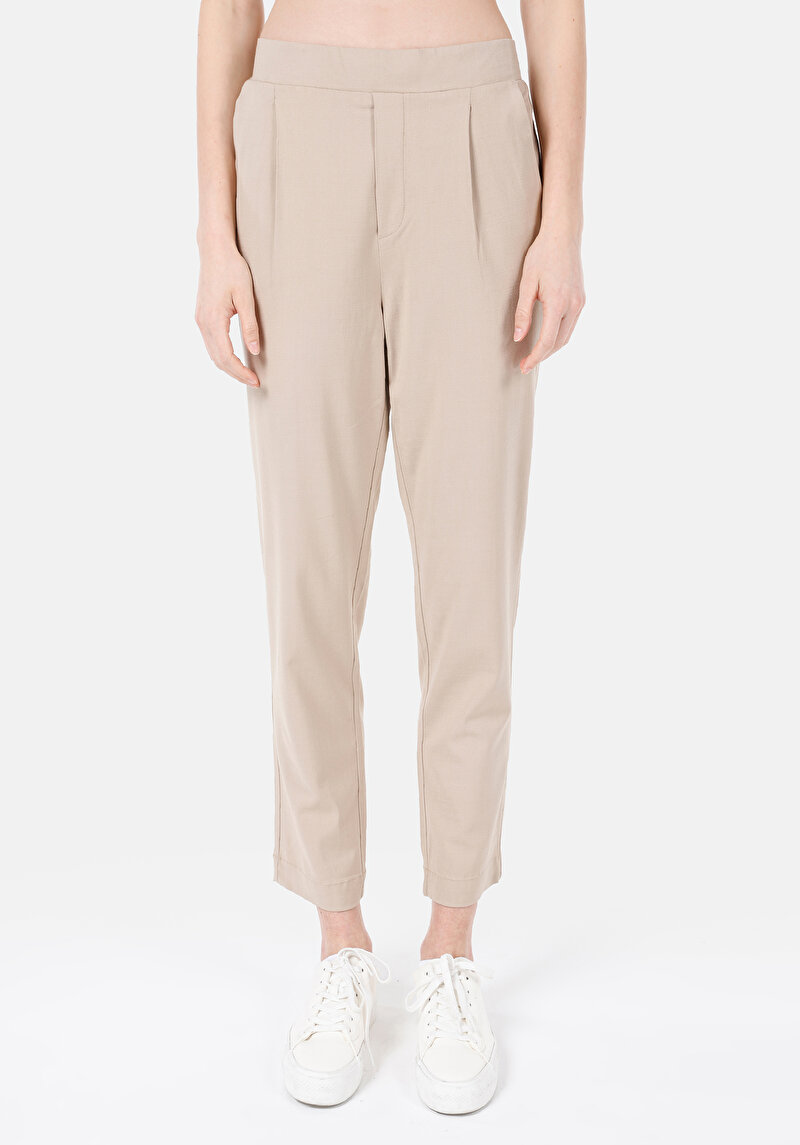 Regular Fit Yüksek Bel Düz Paça Kadın Bej  Pantolon