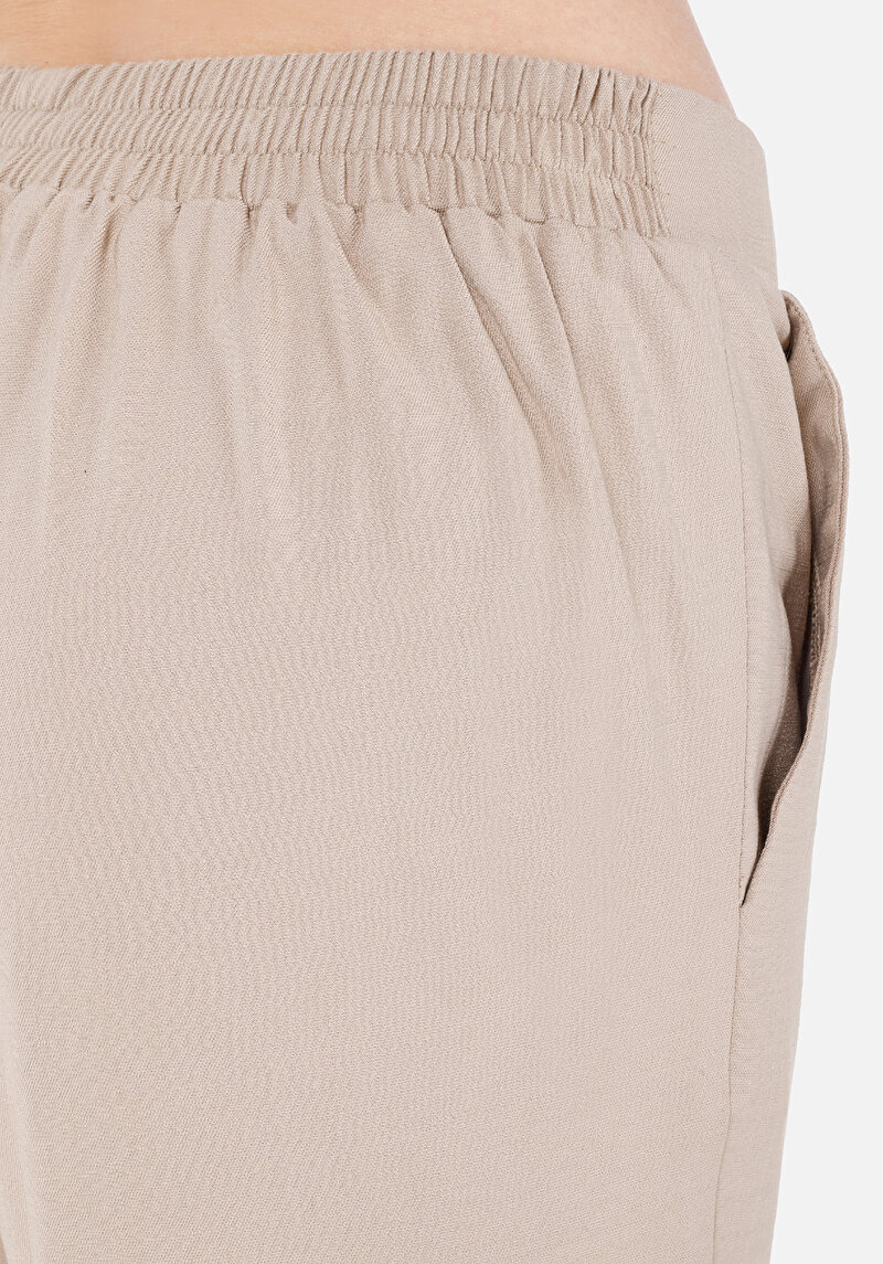 Regular Fit Yüksek Bel Düz Paça Kadın Bej  Pantolon