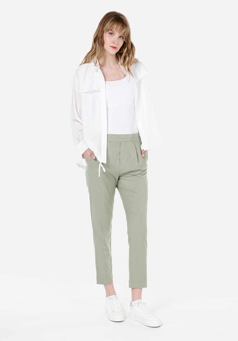 Regular Fit Yüksek Bel Düz Paça Kadın Yeşil Pantolon