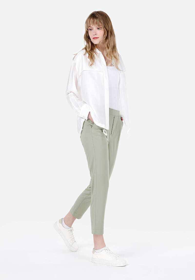 Regular Fit Yüksek Bel Düz Paça Kadın Yeşil Pantolon