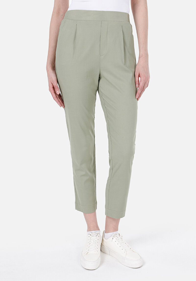 Regular Fit Yüksek Bel Düz Paça Kadın Yeşil Pantolon