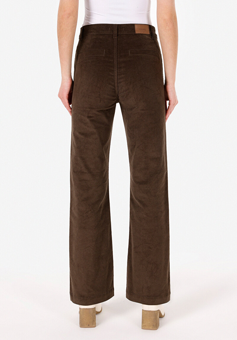 Regular Fit Düşük Bel Geniş Paça Kadın Kahverengi  Pantolon