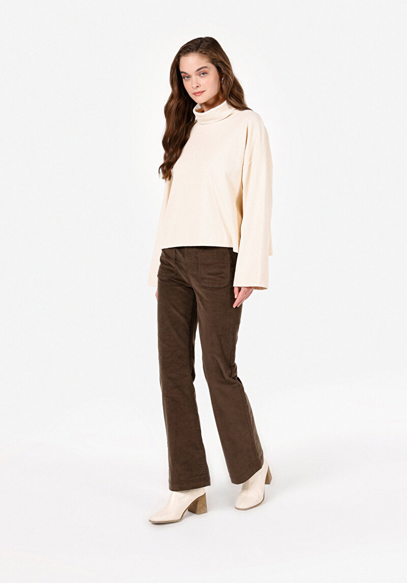 Regular Fit Düşük Bel Geniş Paça Kadın Kahverengi  Pantolon