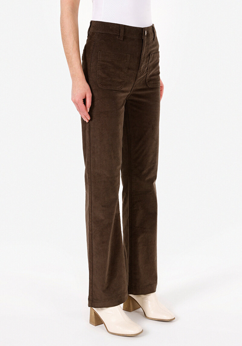 Regular Fit Düşük Bel Geniş Paça Kadın Kahverengi  Pantolon