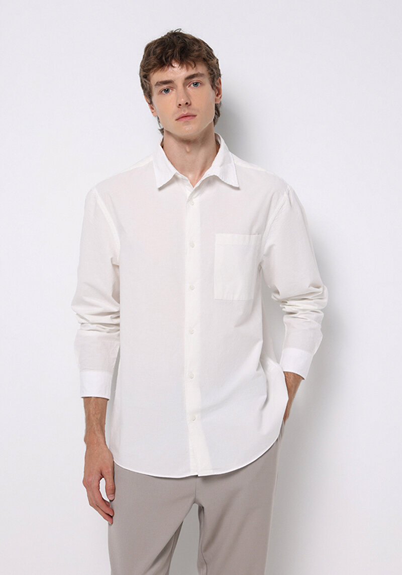 Comfort Fit Shirt Neck Düz Erkek Beyaz Uzun Kol Gömlek