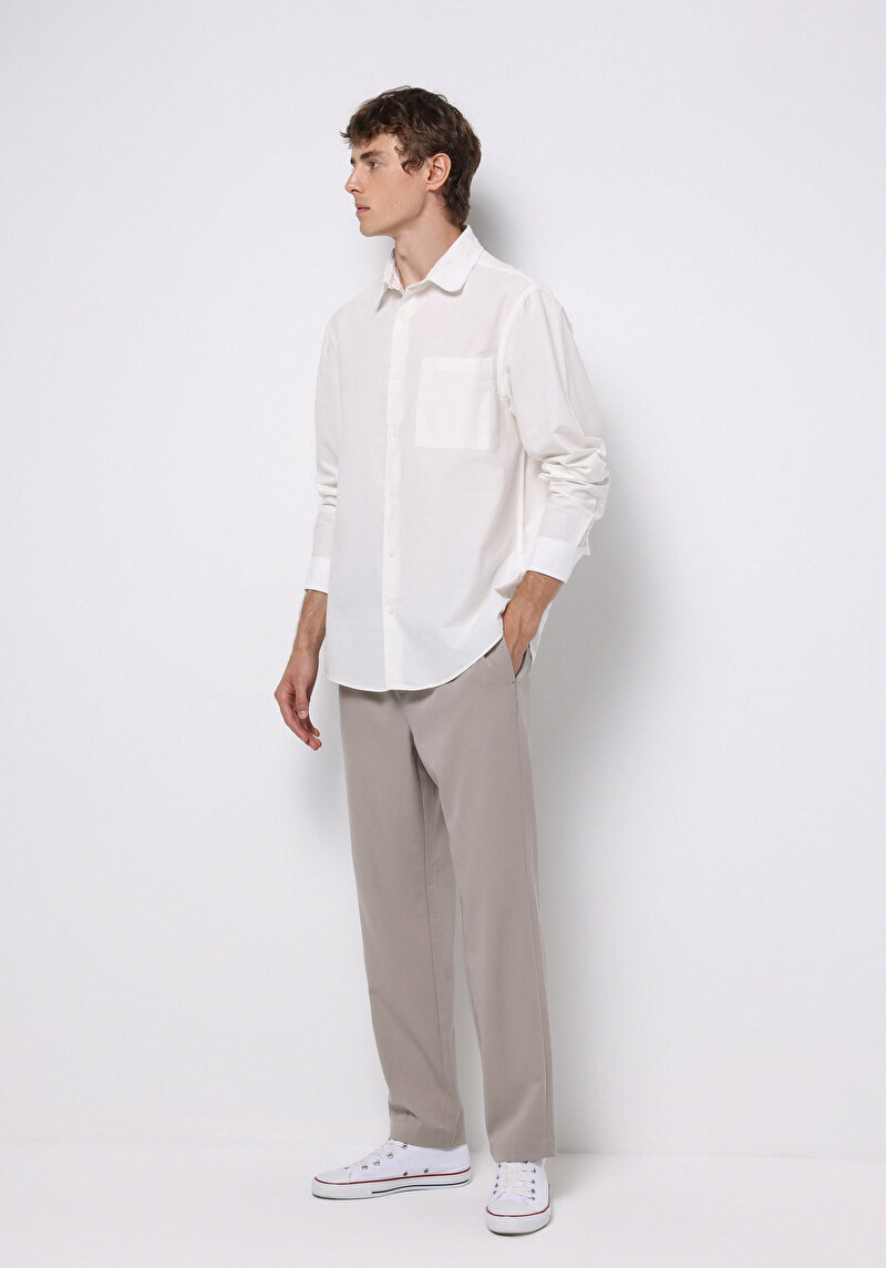 Comfort Fit Shirt Neck Düz Erkek Beyaz Uzun Kol Gömlek