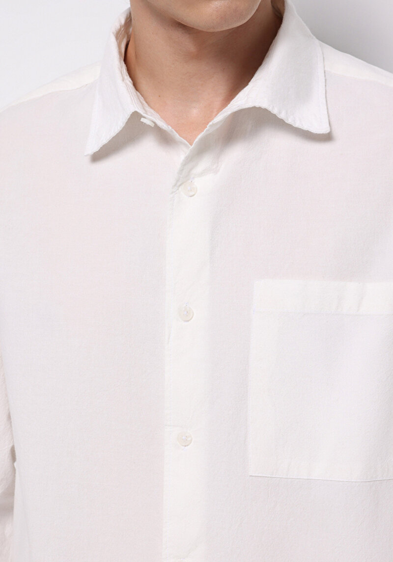 Comfort Fit Shirt Neck Düz Erkek Beyaz Uzun Kol Gömlek