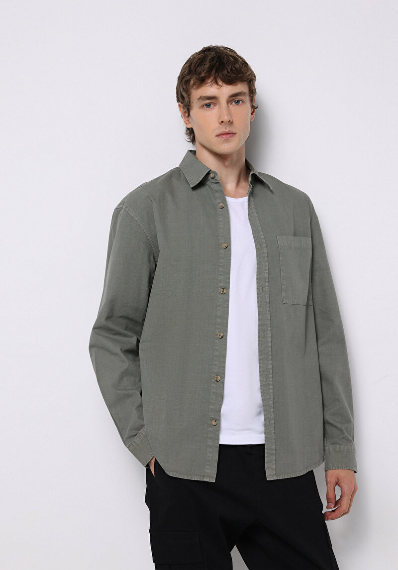 Comfort Fit Shirt Neck Düz Erkek Yeşil Uzun Kol Gömlek