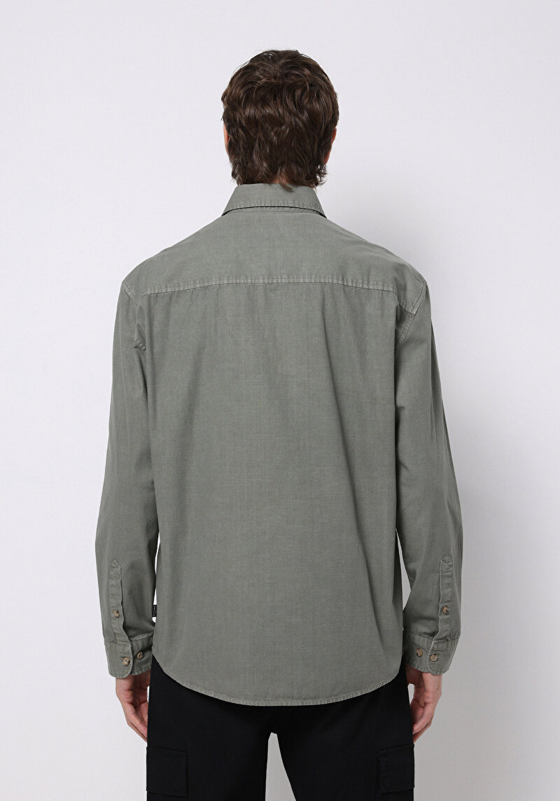 Comfort Fit Shirt Neck Düz Erkek Yeşil Uzun Kol Gömlek