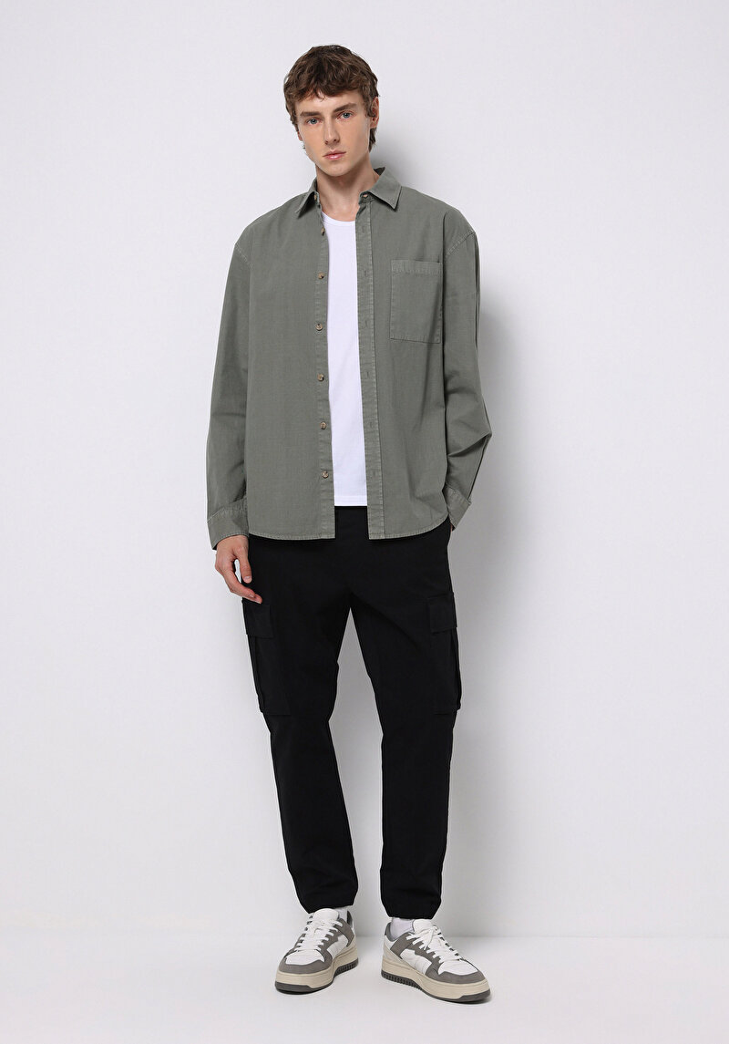 Comfort Fit Shirt Neck Düz Erkek Yeşil Uzun Kol Gömlek