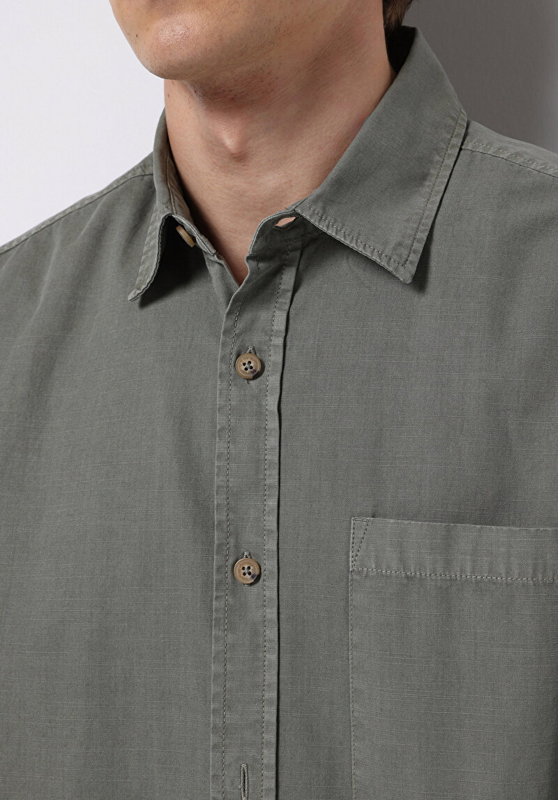 Comfort Fit Shirt Neck Düz Erkek Yeşil Uzun Kol Gömlek