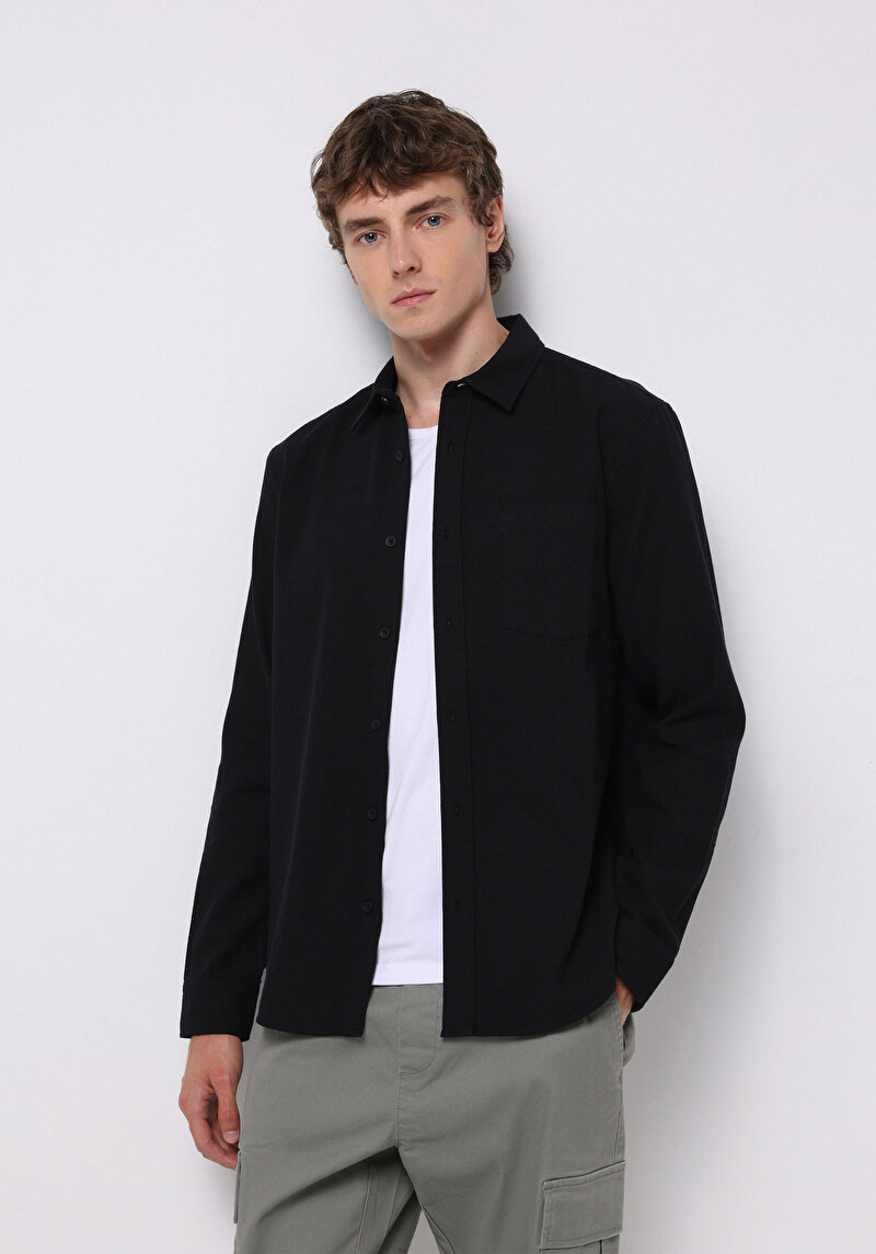 Slim Fit Shirt Neck Ekoseli Erkek Siyah Uzun Kol Gömlek