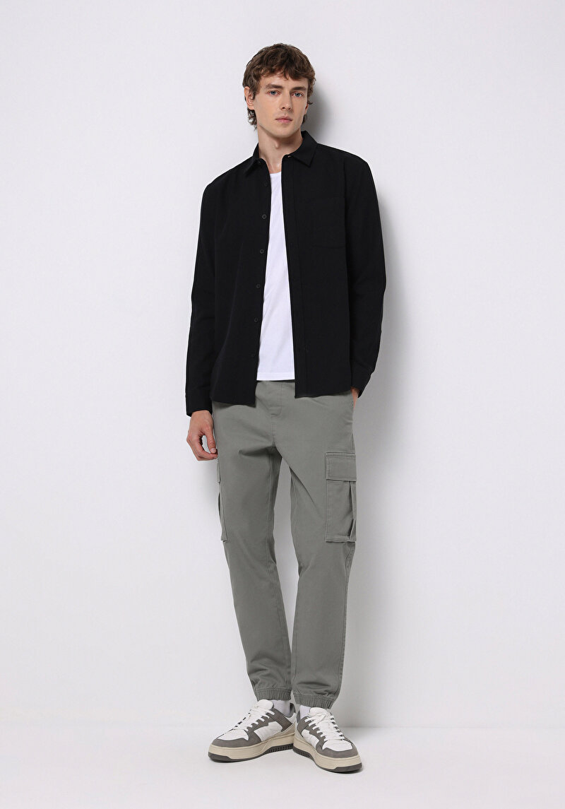 Slim Fit Shirt Neck Ekoseli Erkek Siyah Uzun Kol Gömlek