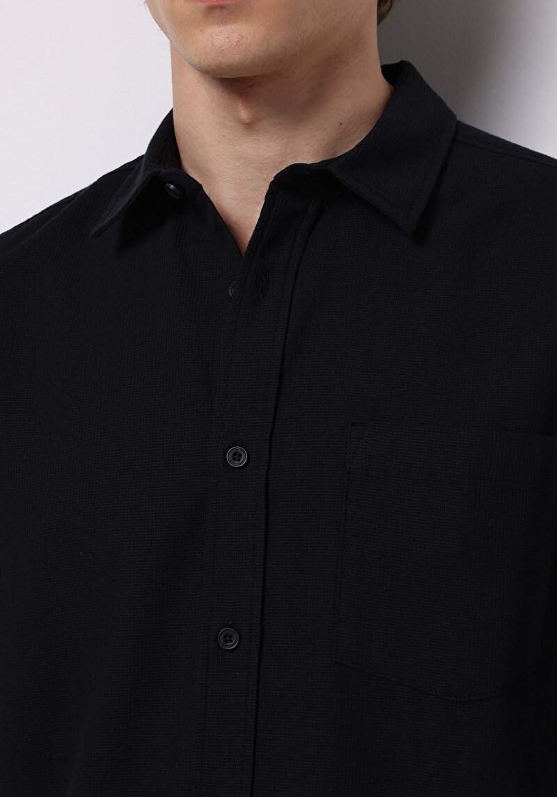Slim Fit Shirt Neck Ekoseli Erkek Siyah Uzun Kol Gömlek