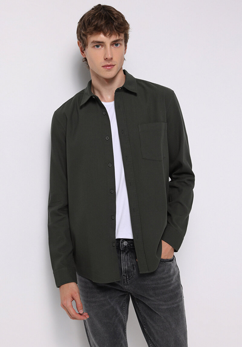 Slim Fit Shirt Neck Ekoseli Erkek Yeşil Uzun Kol Gömlek