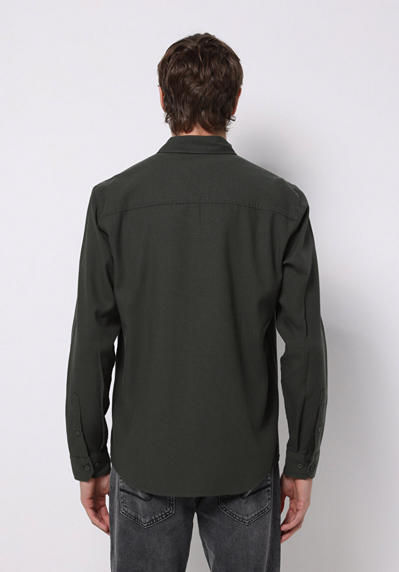 Slim Fit Shirt Neck Ekoseli Erkek Yeşil Uzun Kol Gömlek