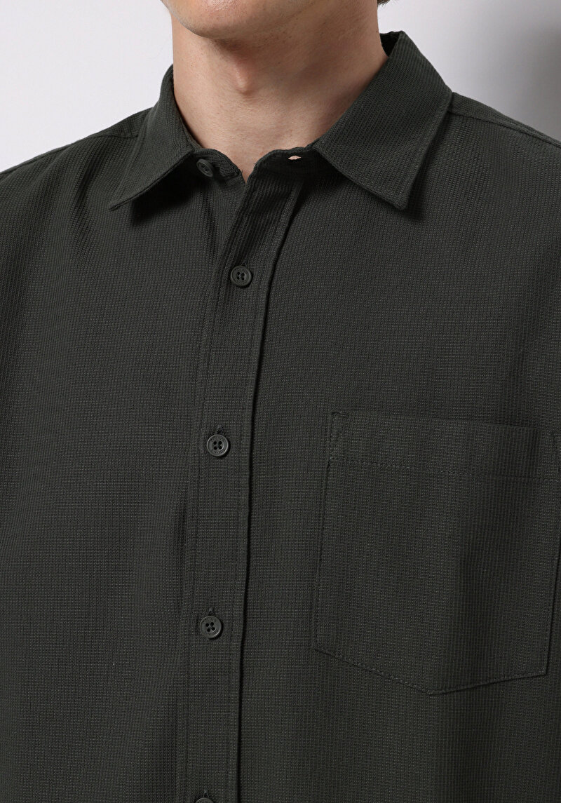 Slim Fit Shirt Neck Ekoseli Erkek Yeşil Uzun Kol Gömlek