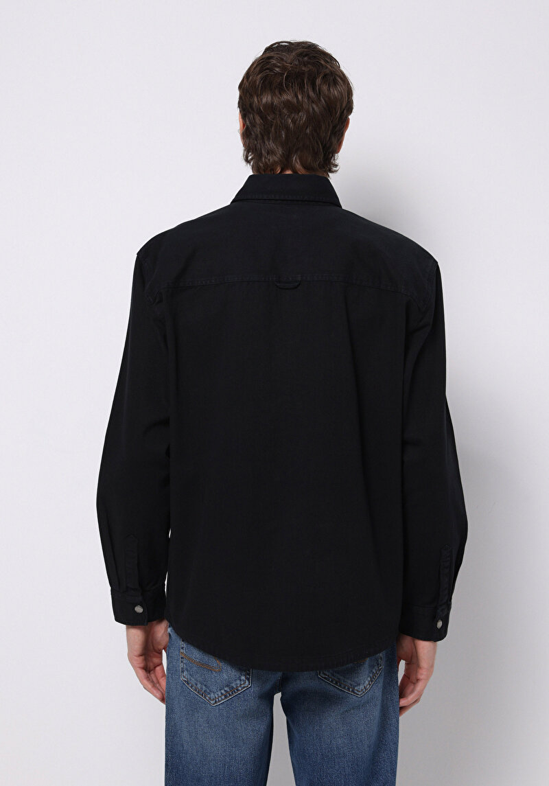 Comfort Fit Shirt Neck Düz Erkek Siyah Shacket