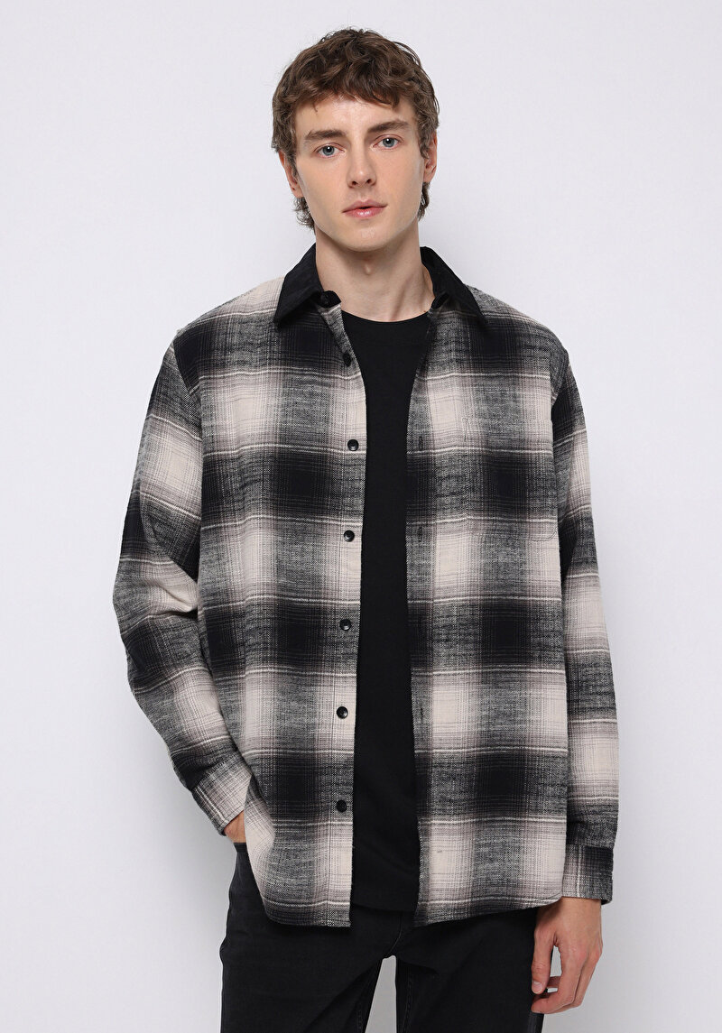 Comfort Fit Shirt Neck Kareli Erkek Siyah Uzun Kol Gömlek