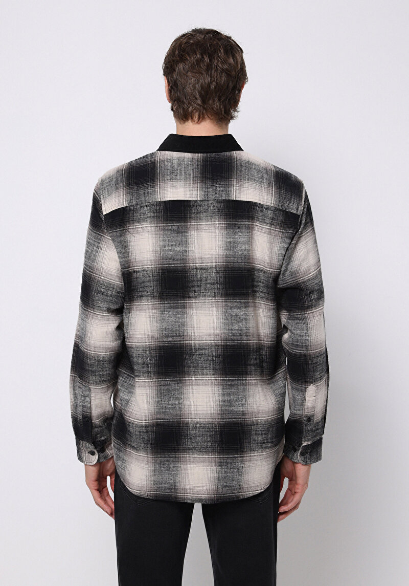 Comfort Fit Shirt Neck Kareli Erkek Siyah Uzun Kol Gömlek