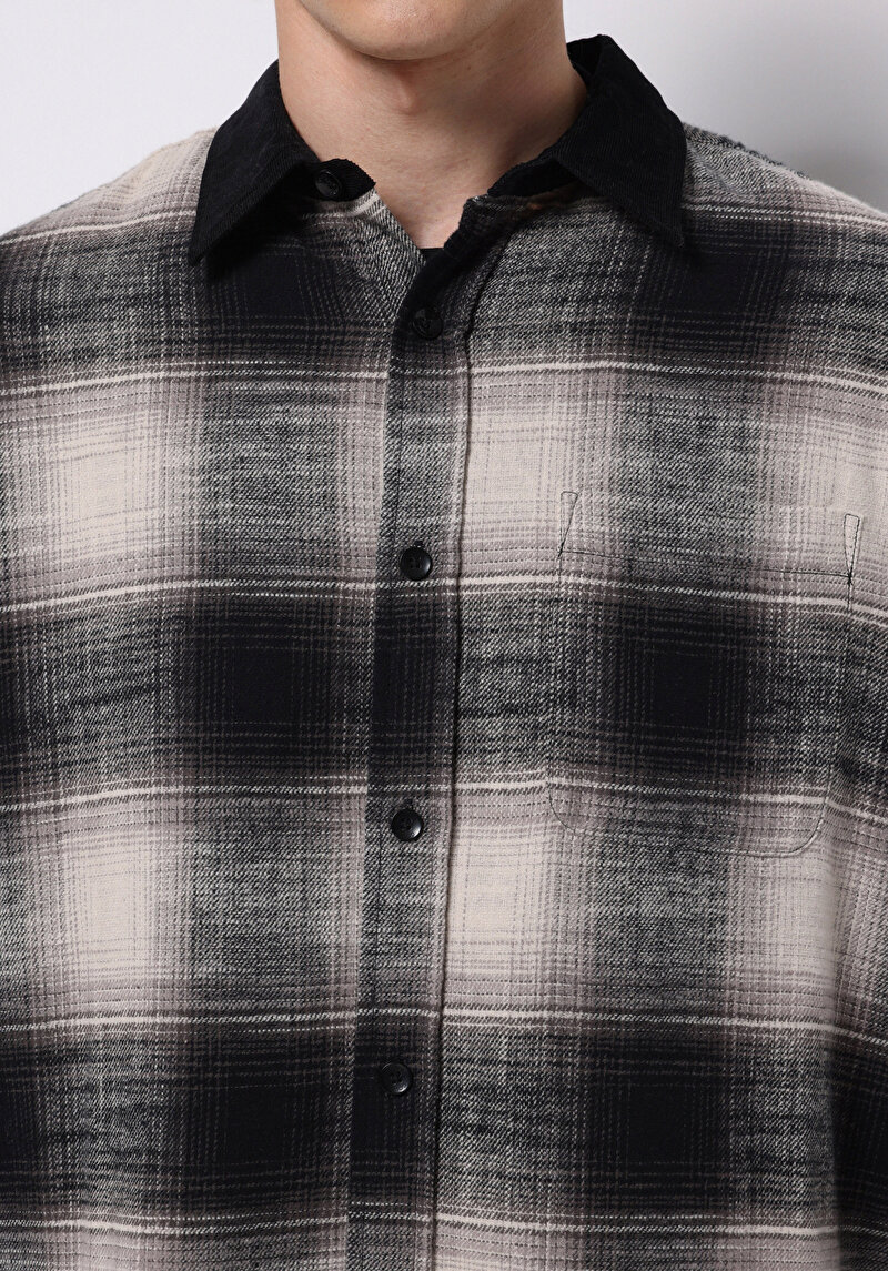 Comfort Fit Shirt Neck Kareli Erkek Siyah Uzun Kol Gömlek