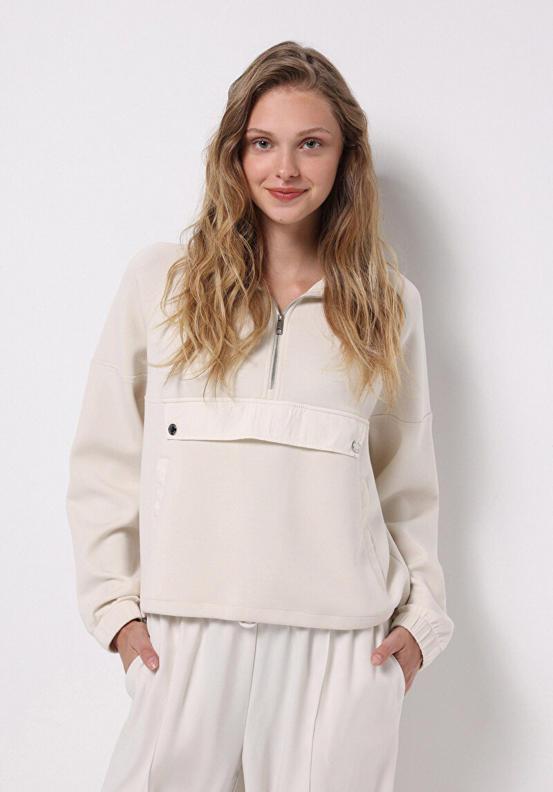 Regular Fit Fermuarlı Düz Kadın Ekru Sweatshirt
