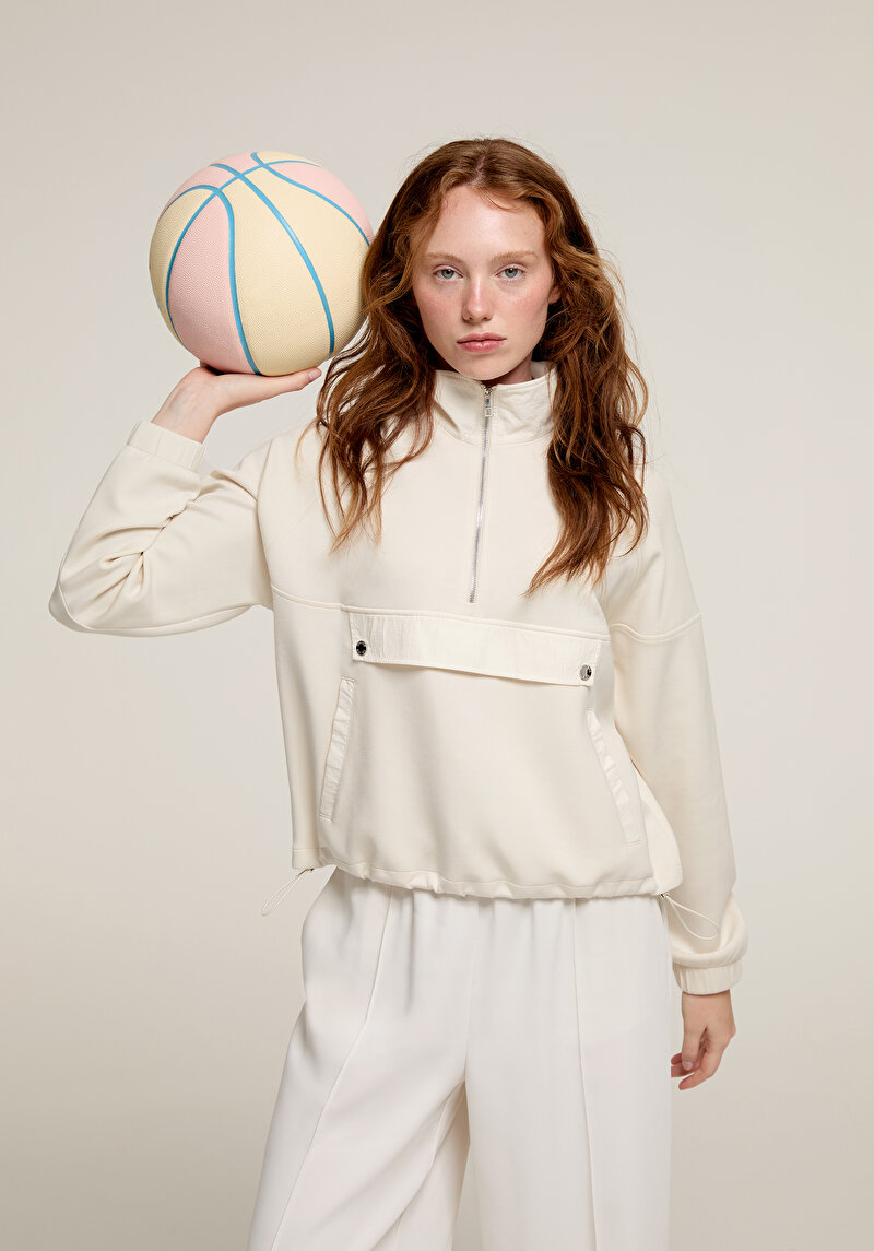 Regular Fit Fermuarlı Düz Kadın Ekru Sweatshirt