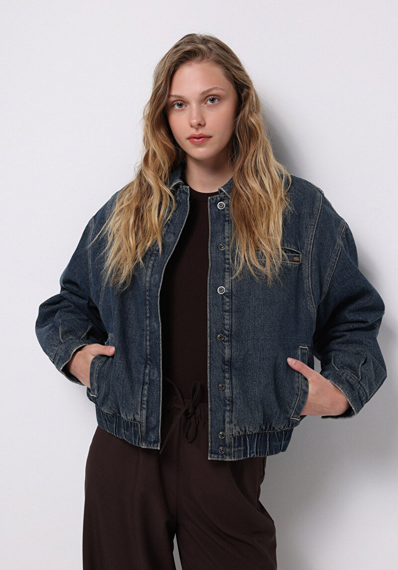 Oversize Fit Çıtçıtlı Astarsız Kadın Mavi Ceket