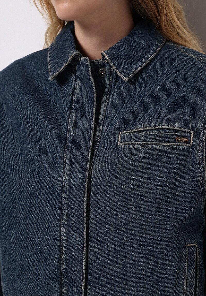 Oversize Fit Çıtçıtlı Astarsız Kadın Mavi Ceket
