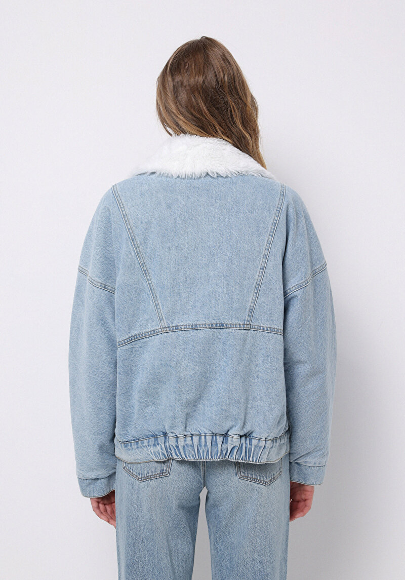 Oversize Fit Fermuarlı Astarsız Kadın Mavi Ceket